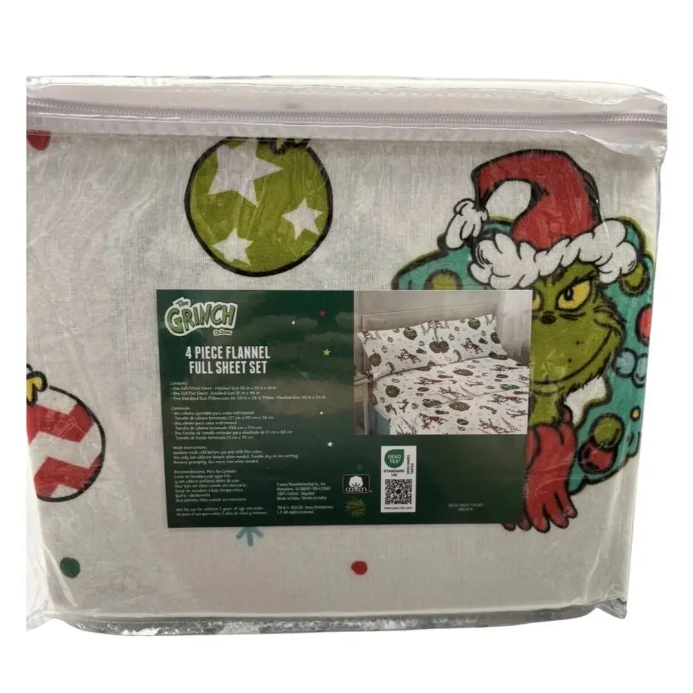 Dr. Seuss The Grinch FULL Flannel Sheet Set 4pc 100% Cotton Merry Grinchmas NEW
